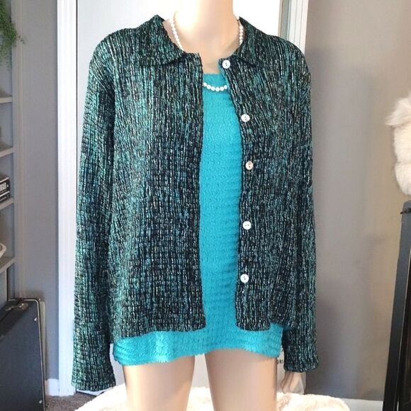 Women's Stretchy Popcorn Texture Reversible Tank & Button up Jacket Dark Teal - Picture 12 of 12